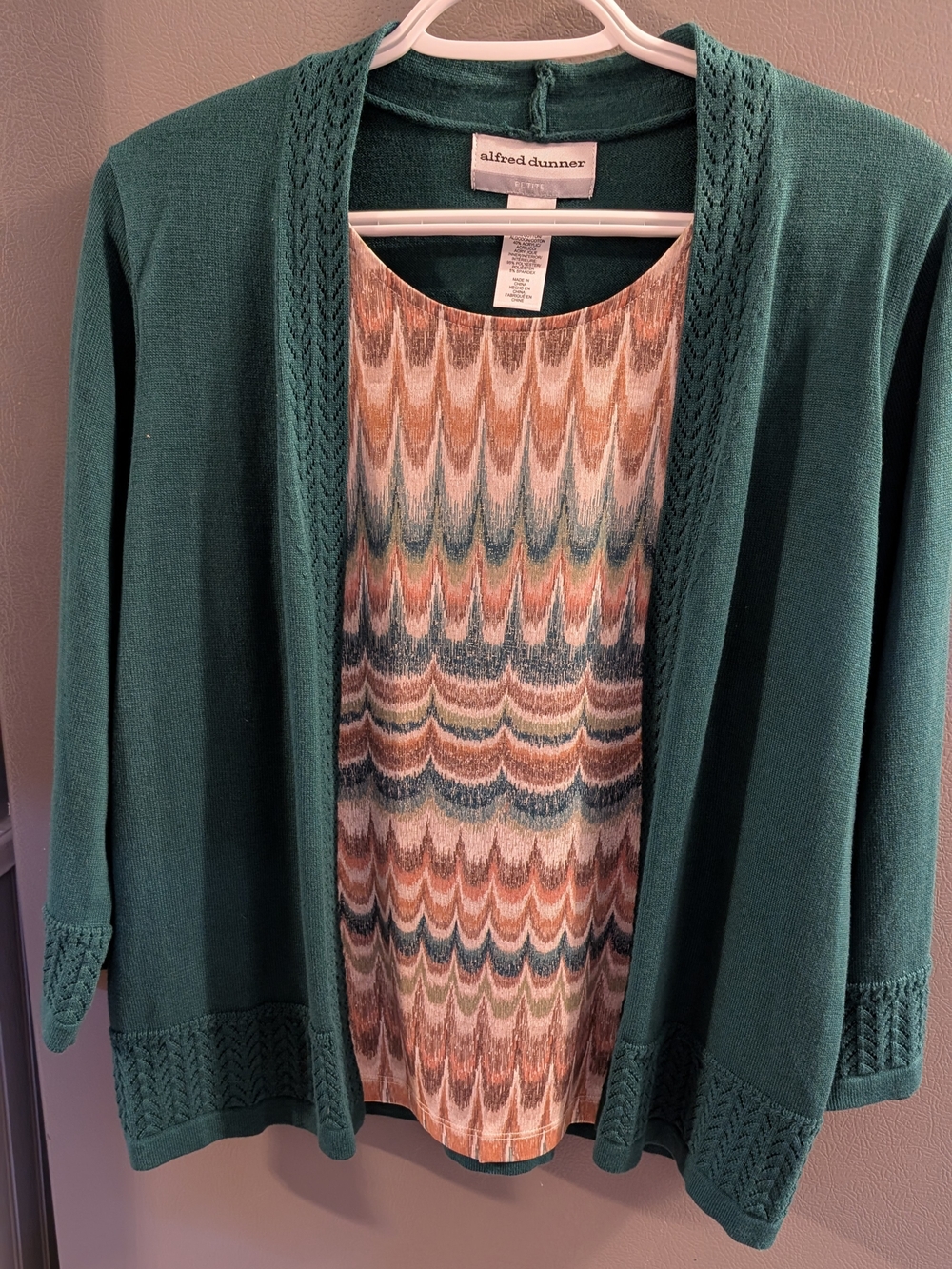 Alfred Dunner Teal Open-Front Cardigan with Multicolor Patterned Shell